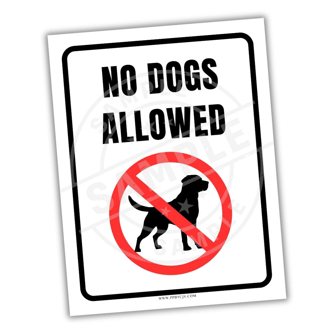 No dogs allowed sign with a black silhouette of a dog inside a red circle and line through it on a white background.