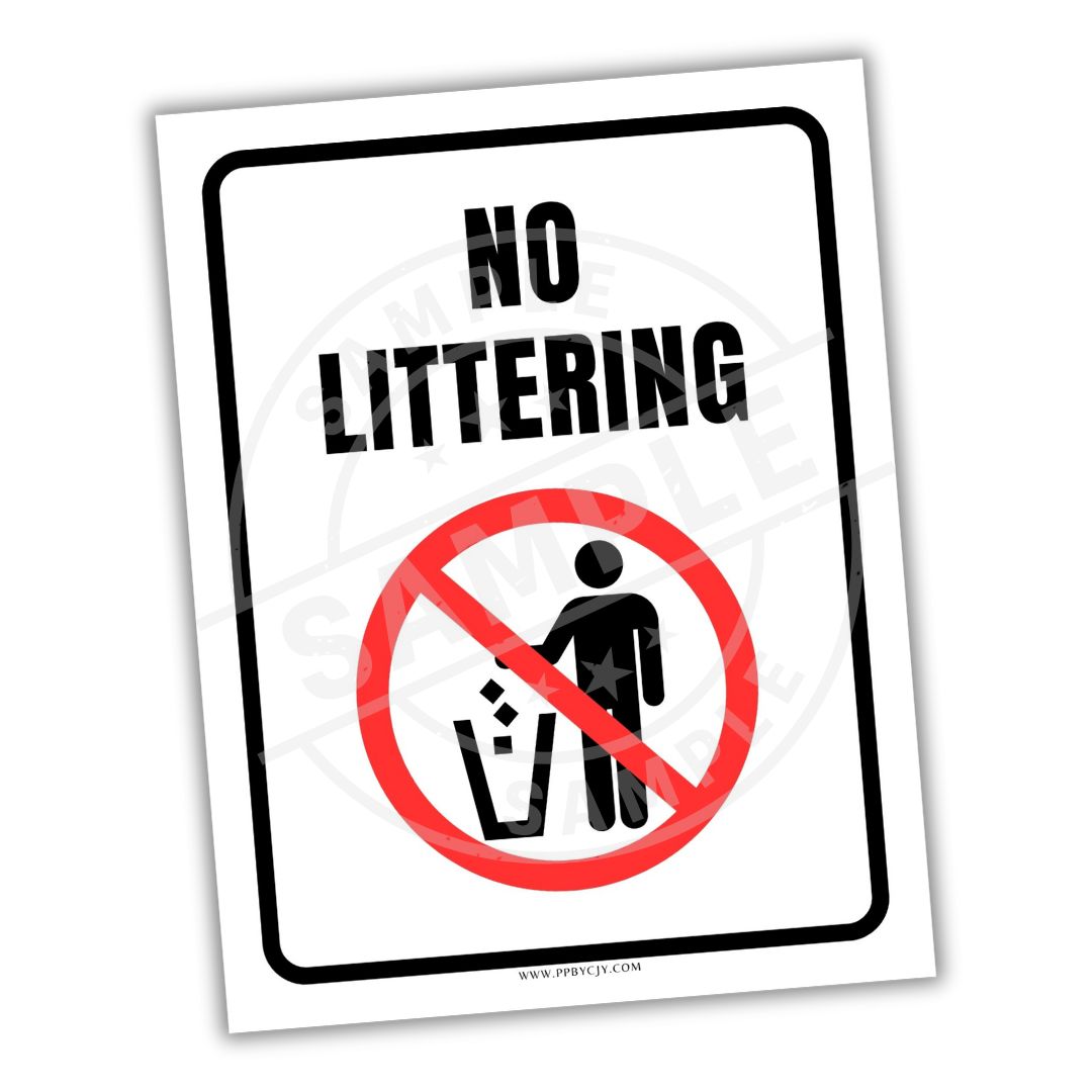 No littering sign with a person icon inside a red circle and line through it on a white background.
