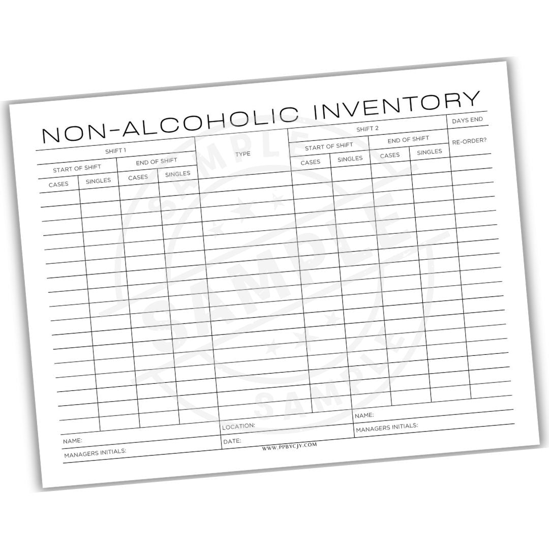 Non-alcoholic inventory sheet on a white background