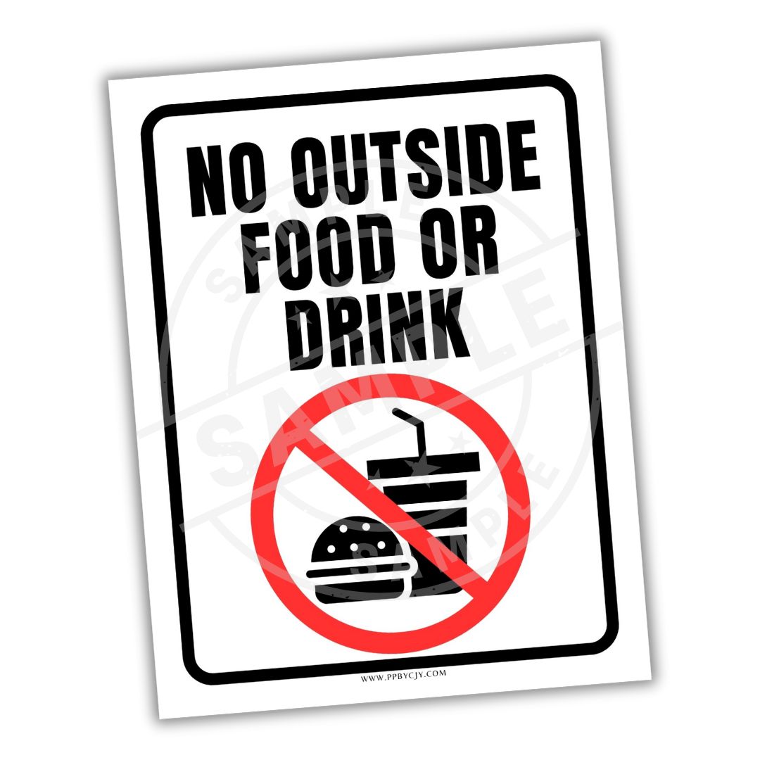 No outside food or drink sign with a red prohibition symbol on a white background