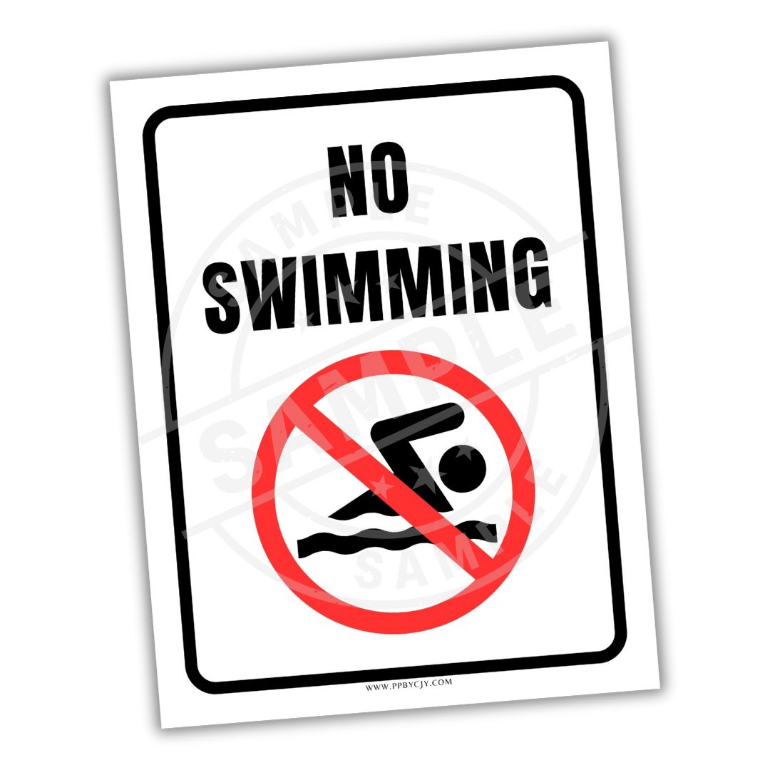 No swimming sign with a red circle and line over a black figure of a person.