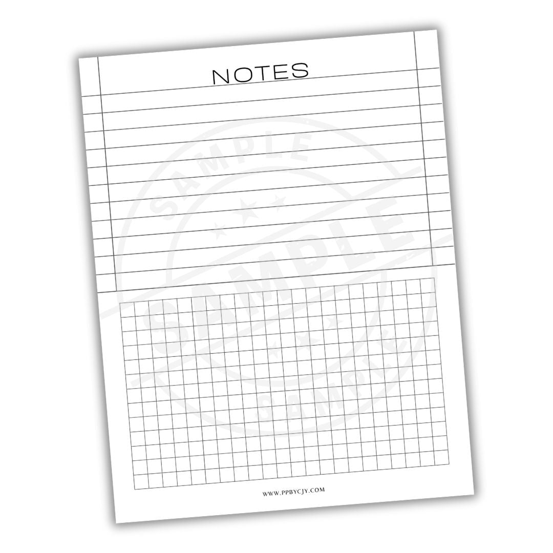 Notebook page with grid and lined sections on a white background