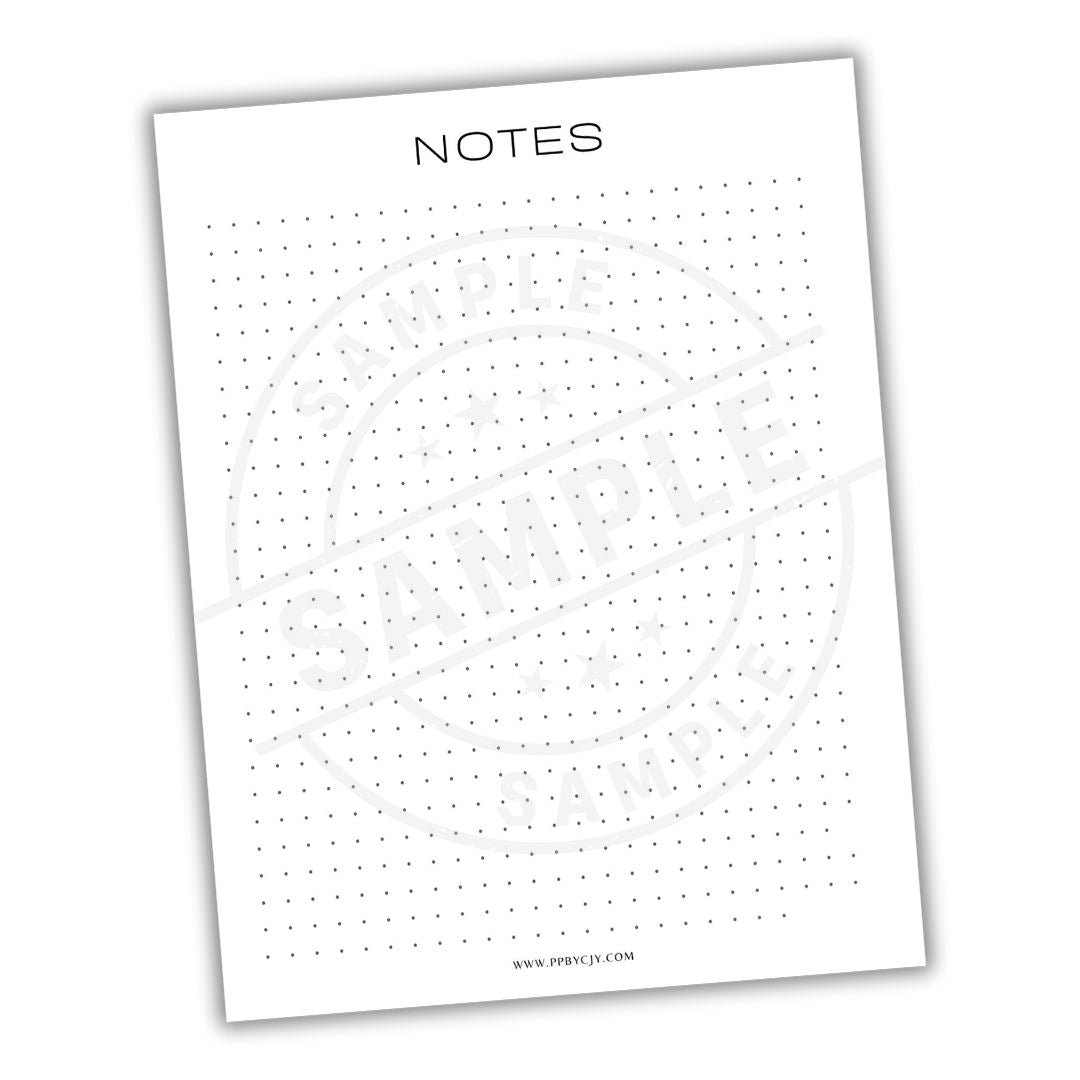 Notebook page with dot grid and 'NOTES' text on a white background