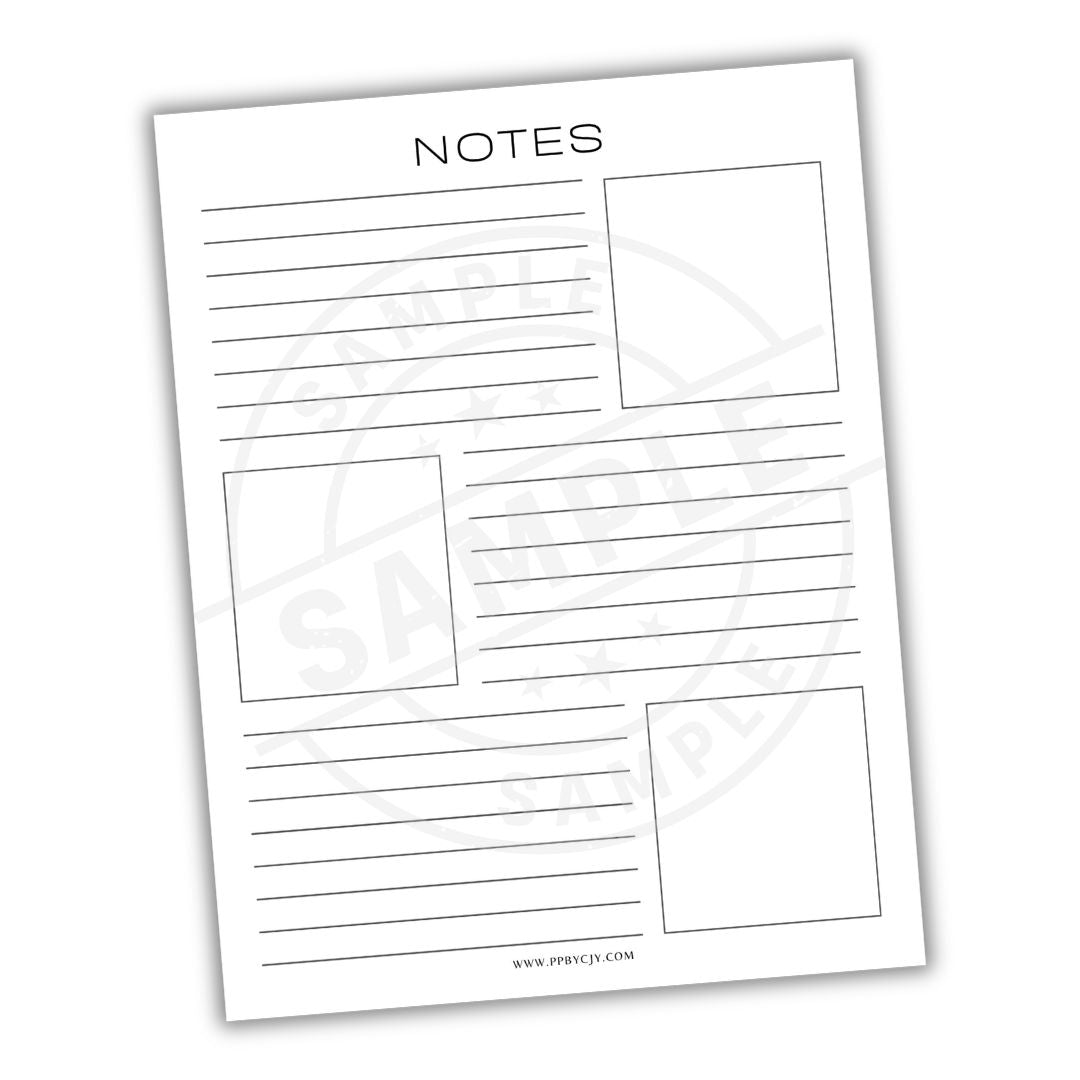 notes page with sets of lines and drawing boxes