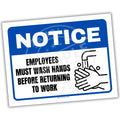 Sign with text 'Employees must wash hands before returning to work' on a white background
