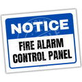 Notice sign for fire alarm control panel with blue border and white background