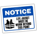 Notice sign with life jacket symbol and text on a white background