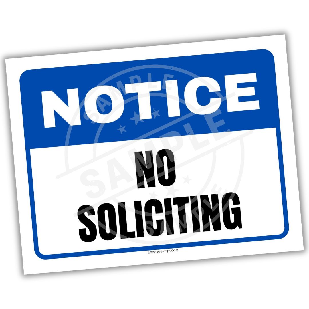 No Soliciting sign with blue border and white background