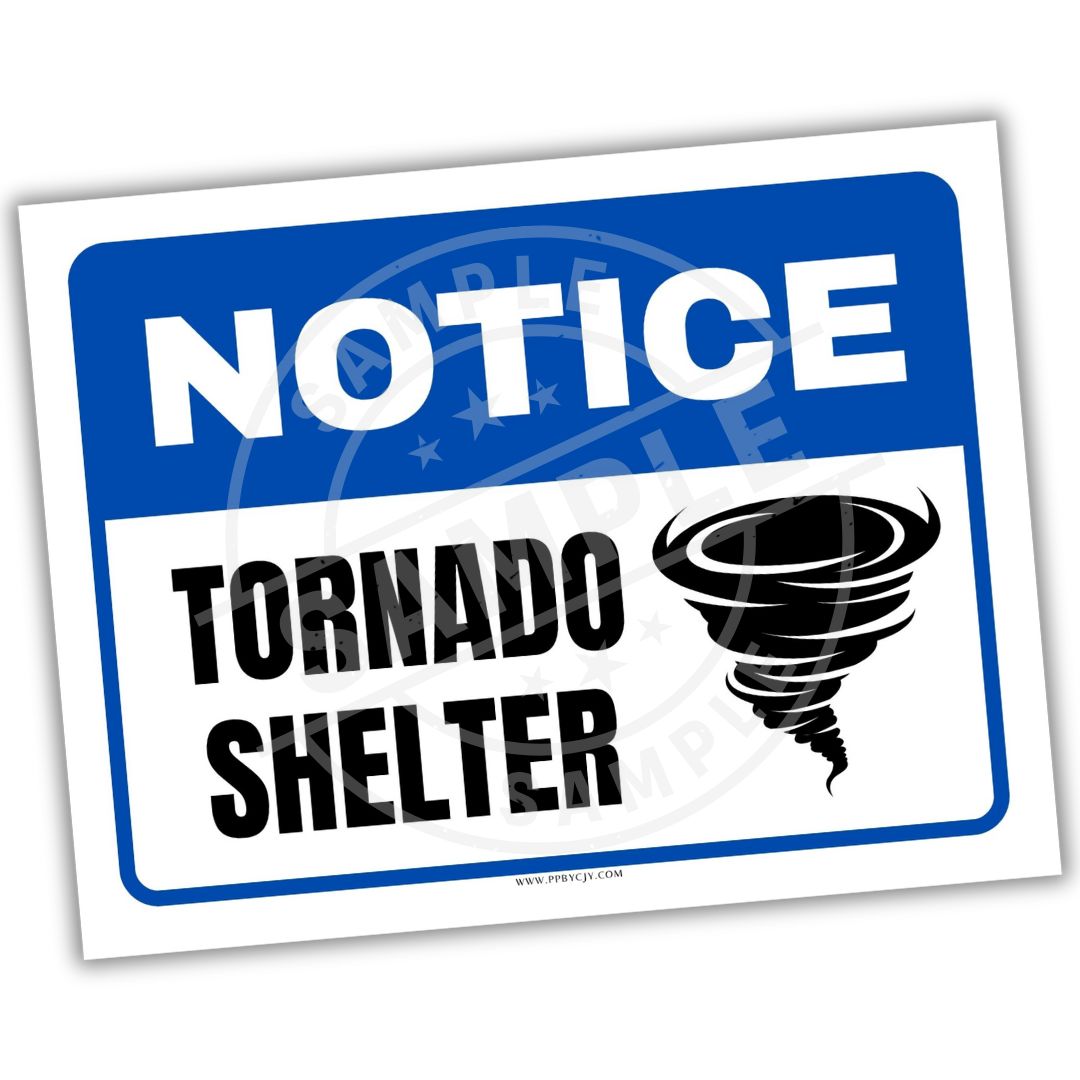 Notice sign for tornado shelter with blue border and white background