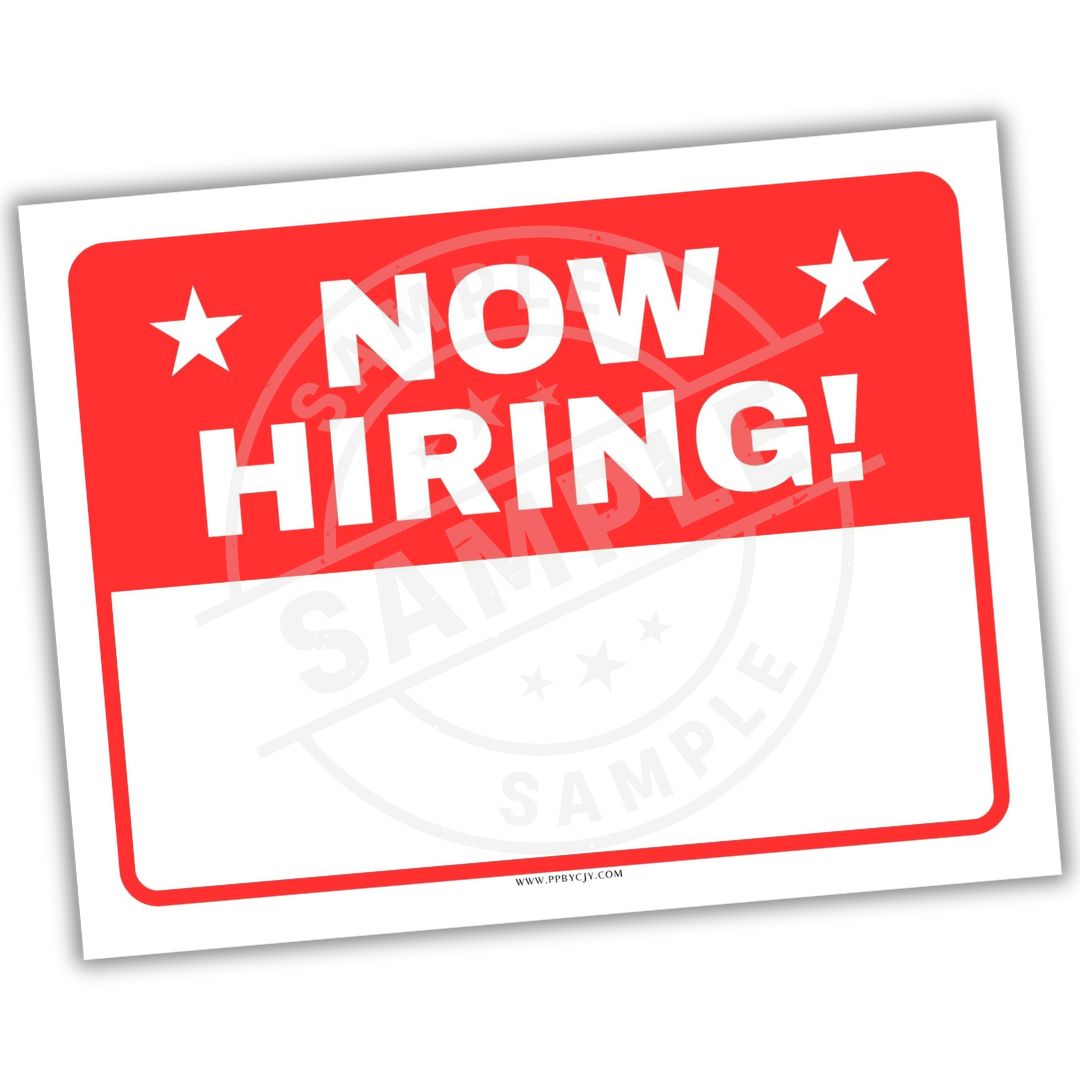 Red 'NOW HIRING!' sign with white stars on a white background