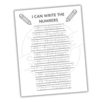 Worksheet for practicing writing numbers with a pencil icon and text on a white background