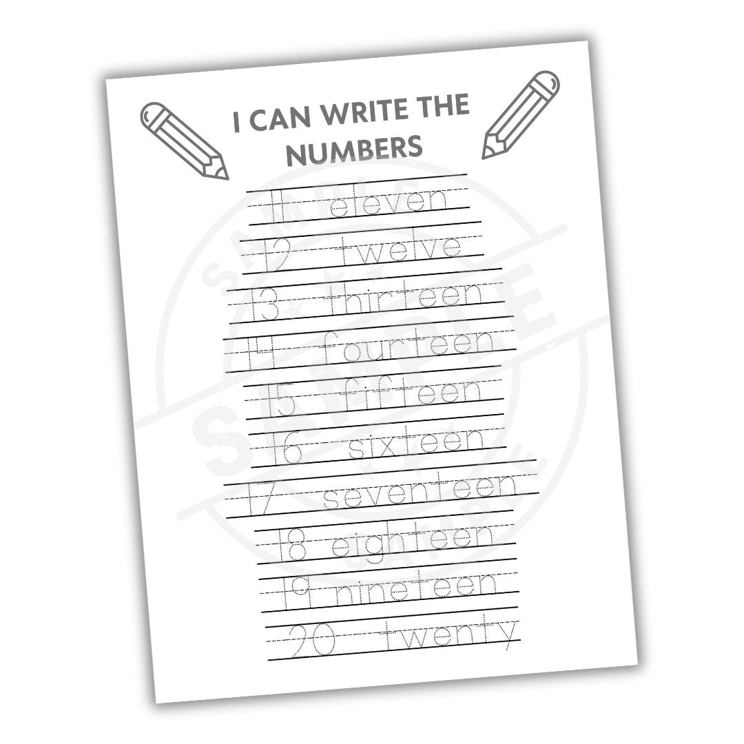 Worksheet for practicing writing numbers with a pencil icon and text on a white background