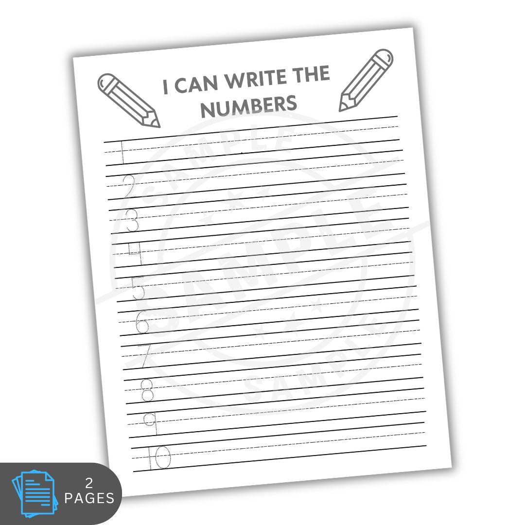Worksheet for practicing writing numbers with lines and a pencil icon at the top.