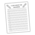 Handwriting practice sheet with numbers for children on a white background