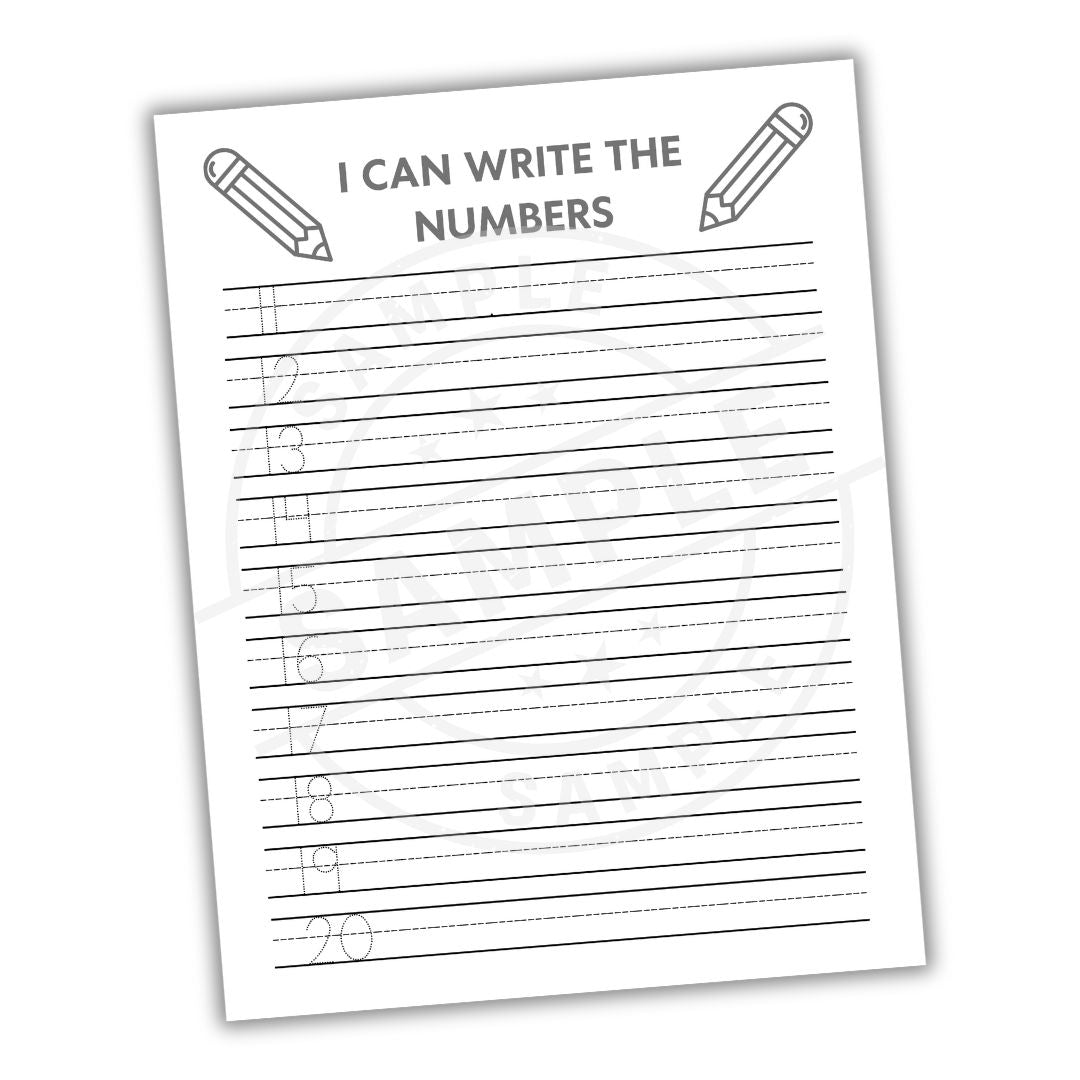 Handwriting practice sheet with numbers for children on a white background