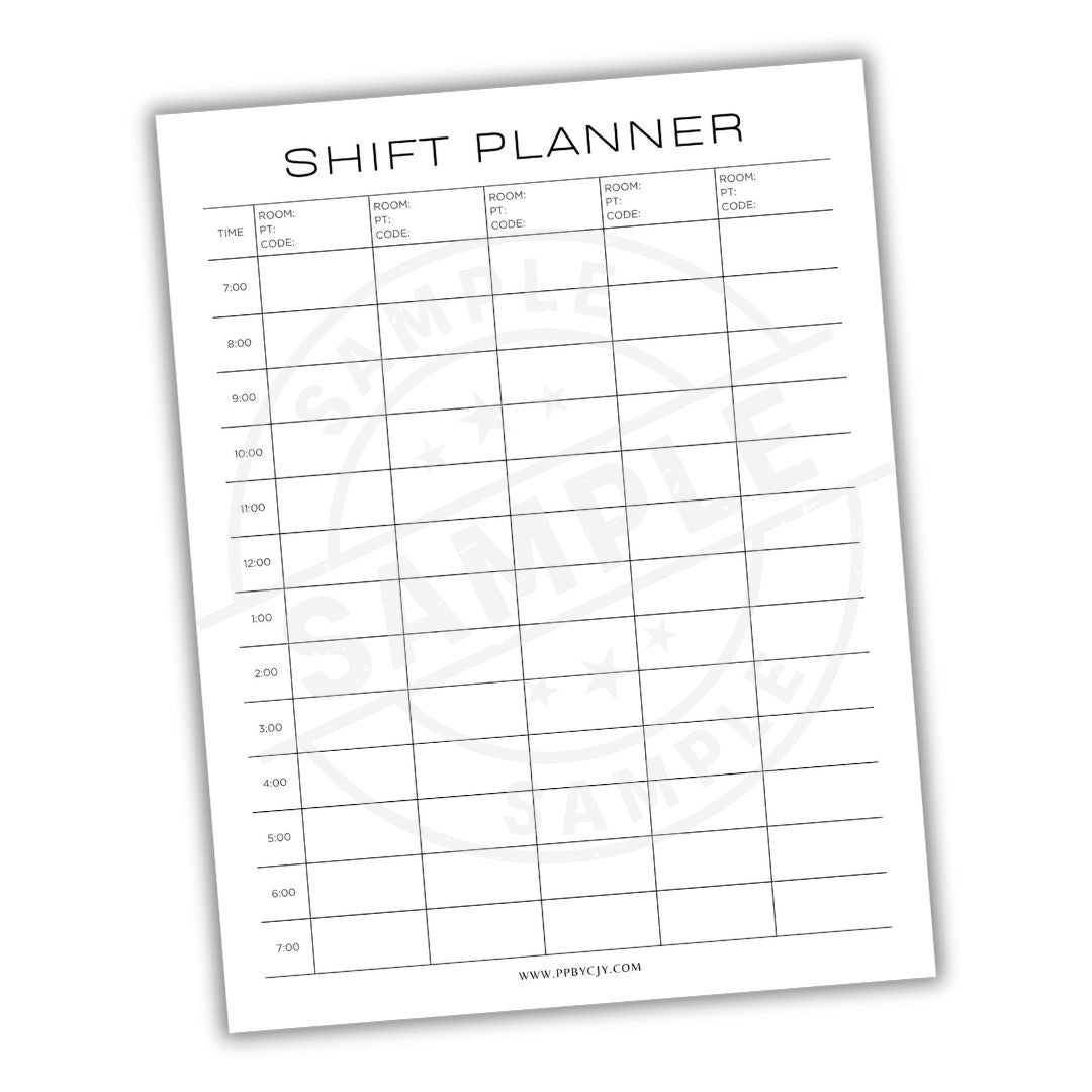 Shift planner sheet with time slots and room codes on a white background
