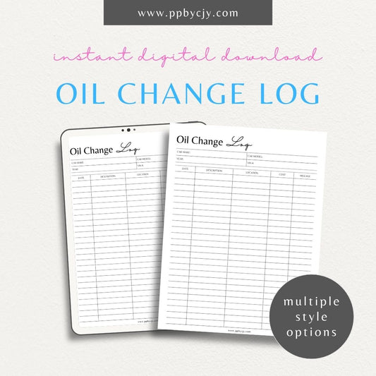 Oil Change Log Printable Template – Digital download for recording and tracking oil changes for your vehicle, including dates, mileage, and type of oil used.