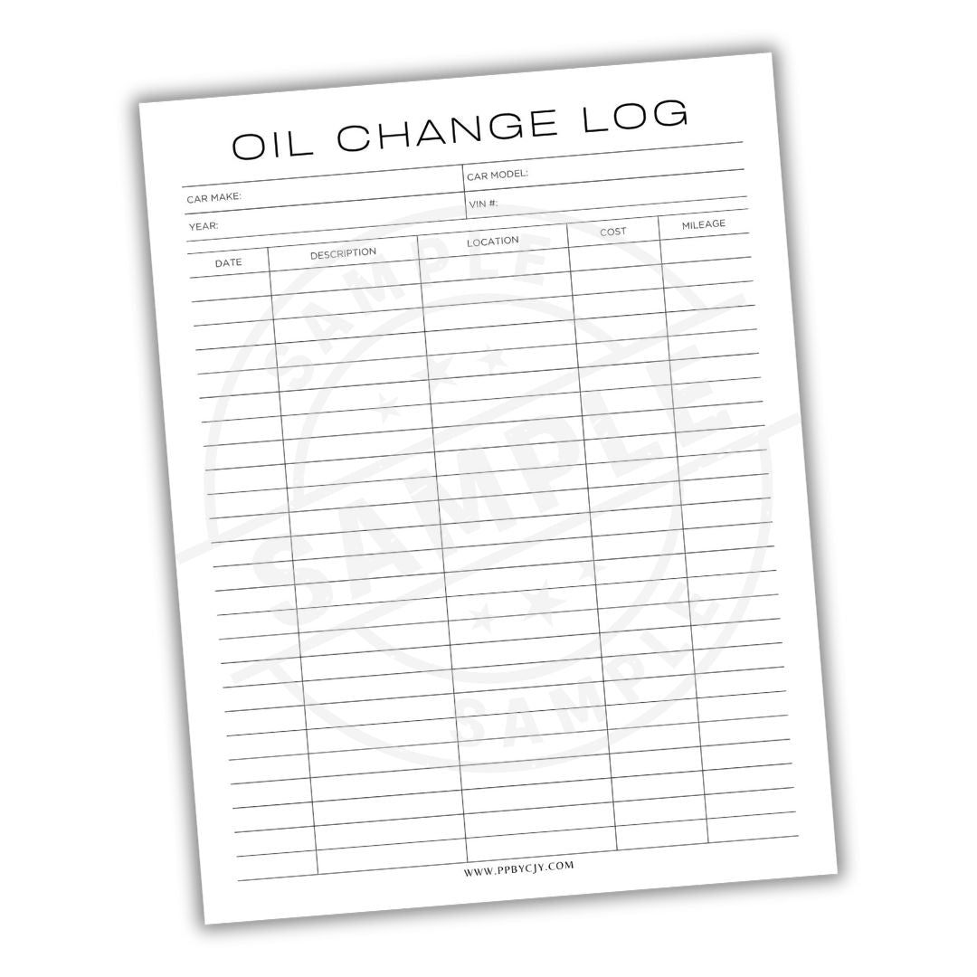 Oil change log sheet with columns for car details and log entries on a white background.