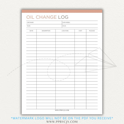 Oil Change Log Printable PDF Template for tracking vehicle maintenance and service history.


