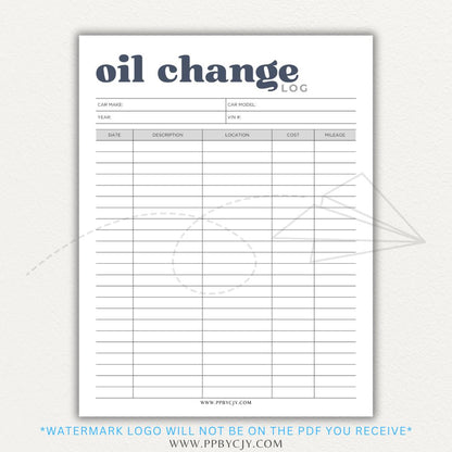 Oil Change Log Printable PDF Template for tracking vehicle maintenance and service history.


