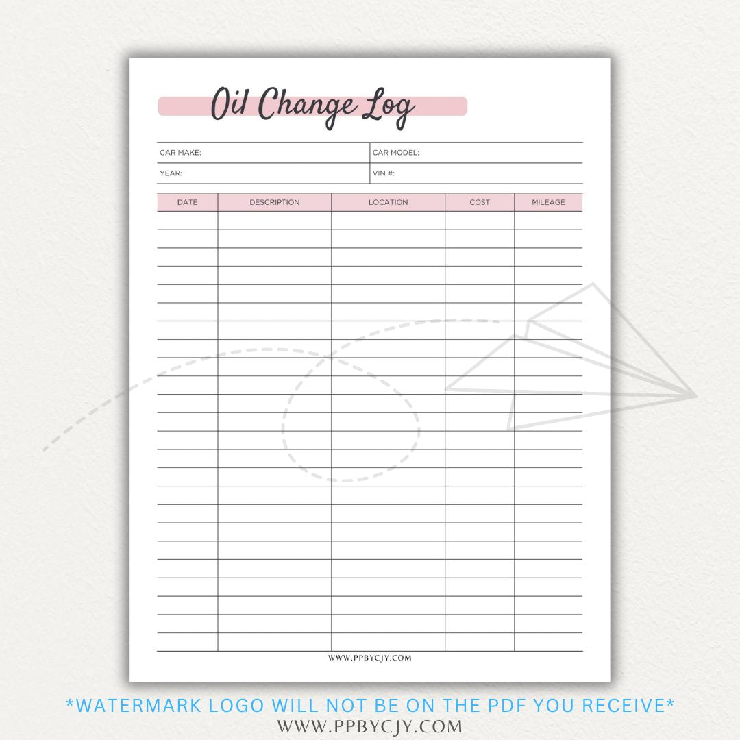 Oil Change Log Printable PDF Template for tracking vehicle maintenance and service history.


