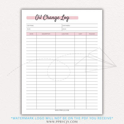 Oil Change Log Printable PDF Template for tracking vehicle maintenance and service history.


