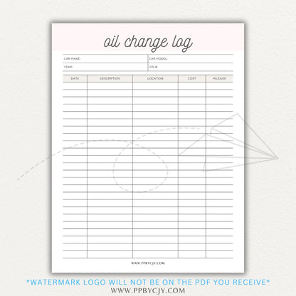 Oil Change Log Printable PDF Template for tracking vehicle maintenance and service history.


