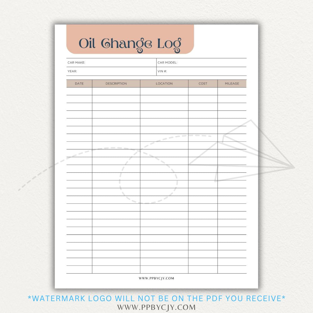 Oil Change Log Printable PDF Template for tracking vehicle maintenance and service history.


