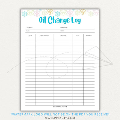 Oil Change Log Printable PDF Template for tracking vehicle maintenance and service history.


