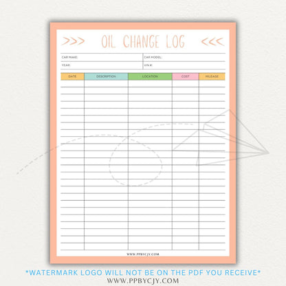 Oil Change Log Printable PDF Template for tracking vehicle maintenance and service history.


