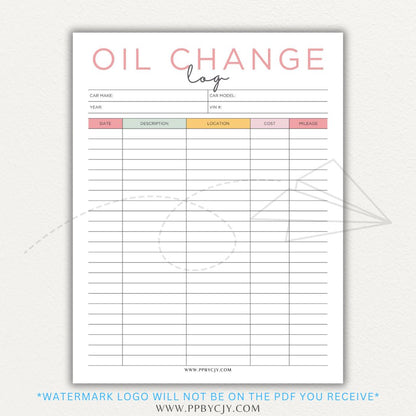 Oil Change Log Printable PDF Template for tracking vehicle maintenance and service history.


