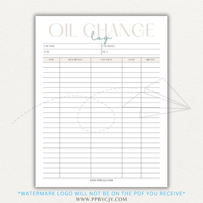 Oil Change Log Printable PDF Template for tracking vehicle maintenance and service history.


