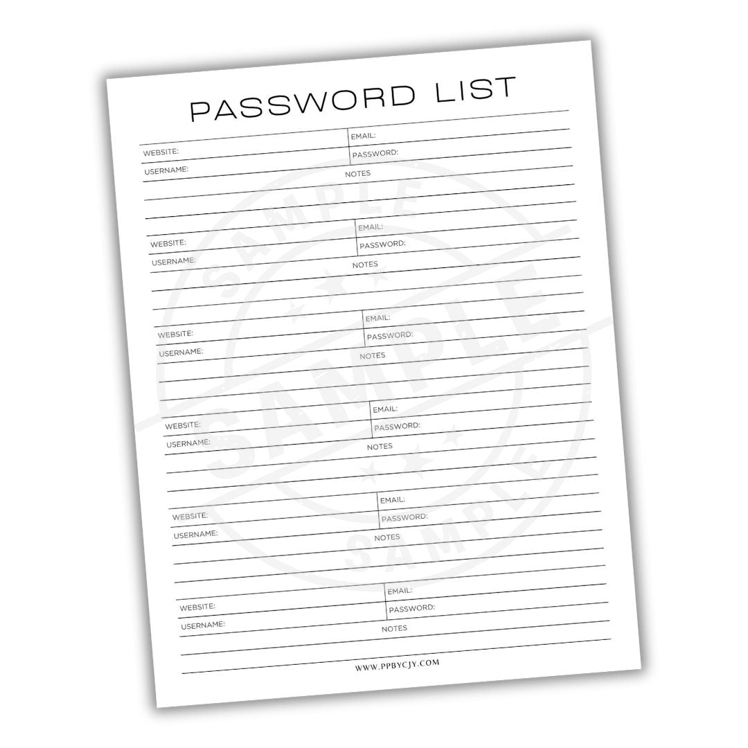 Password list template with columns for website, username, email, password, and notes on a white background.