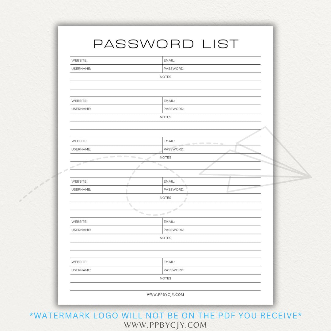 Online Password Tracker Printable PDF Template for logging website names, usernames, passwords, and security notes.

