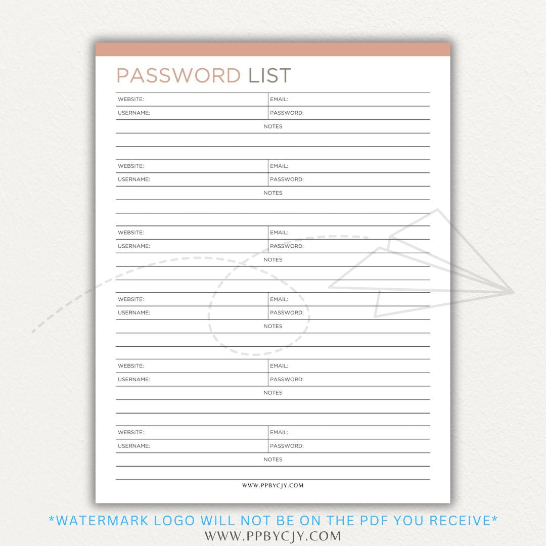 Online Password Tracker Printable PDF Template for logging website names, usernames, passwords, and security notes.

