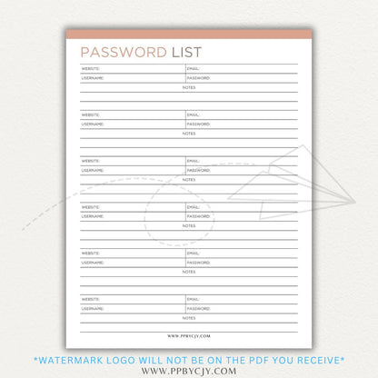 Online Password Tracker Printable PDF Template for logging website names, usernames, passwords, and security notes.

