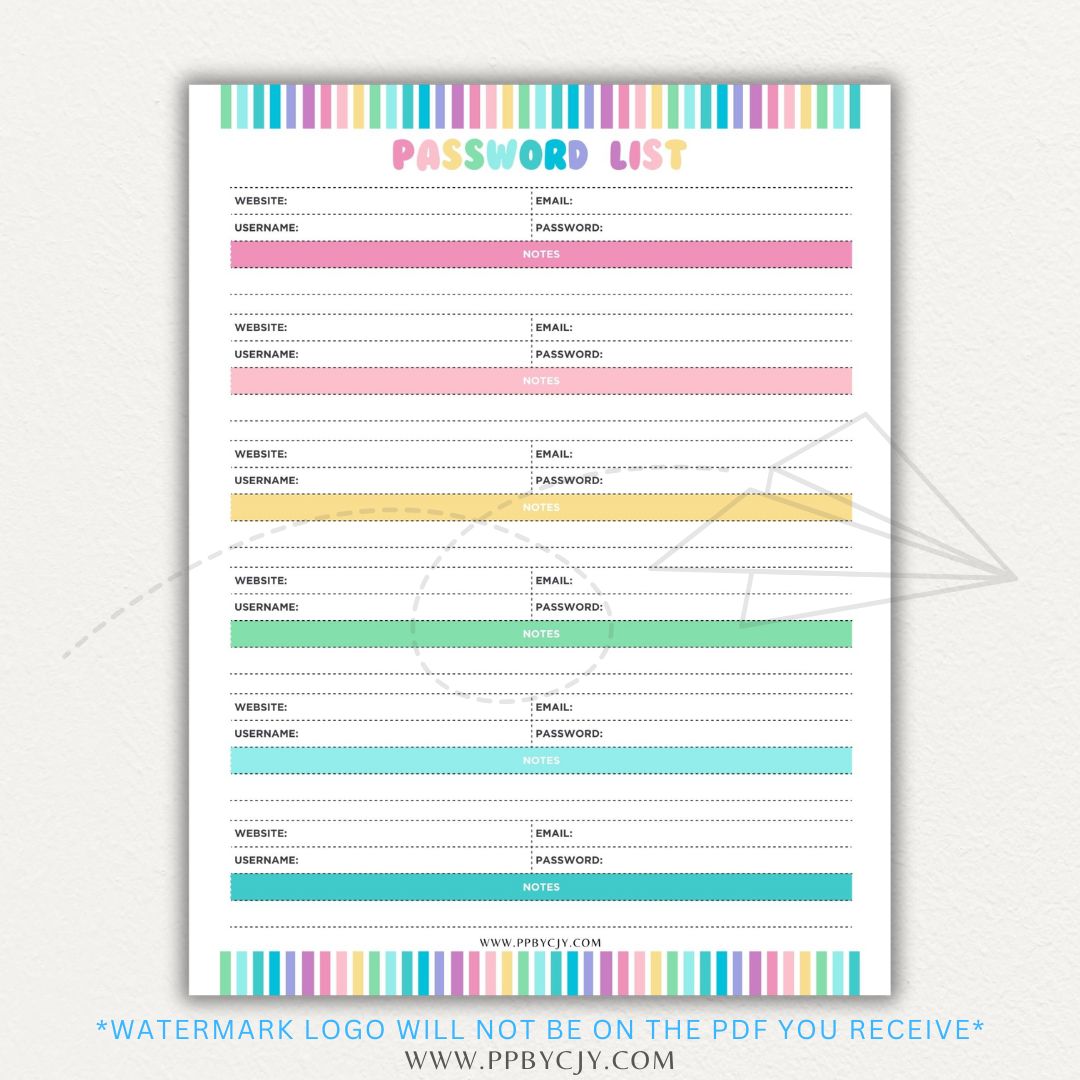 Online Password Tracker Printable PDF Template for logging website names, usernames, passwords, and security notes.

