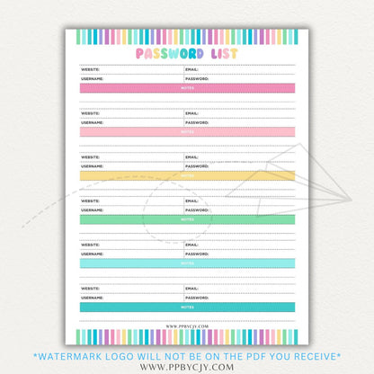 Online Password Tracker Printable PDF Template for logging website names, usernames, passwords, and security notes.

