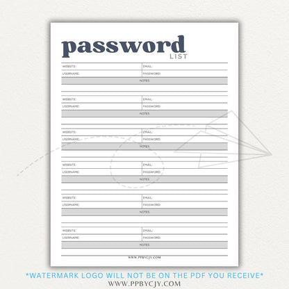 Online Password Tracker Printable PDF Template for logging website names, usernames, passwords, and security notes.

