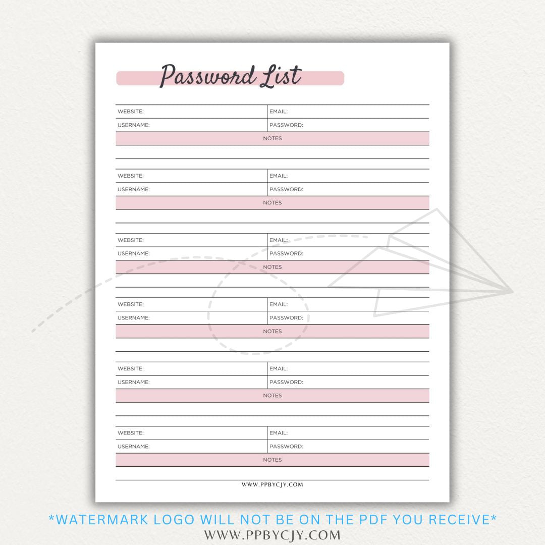 Online Password Tracker Printable PDF Template for logging website names, usernames, passwords, and security notes.

