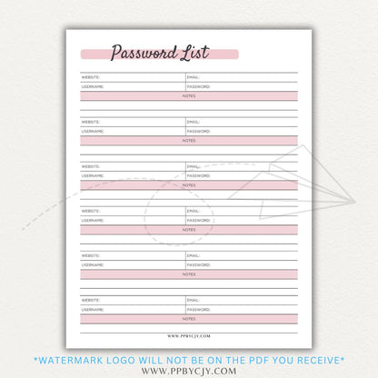 Online Password Tracker Printable PDF Template for logging website names, usernames, passwords, and security notes.

