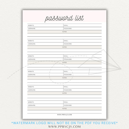 Online Password Tracker Printable PDF Template for logging website names, usernames, passwords, and security notes.

