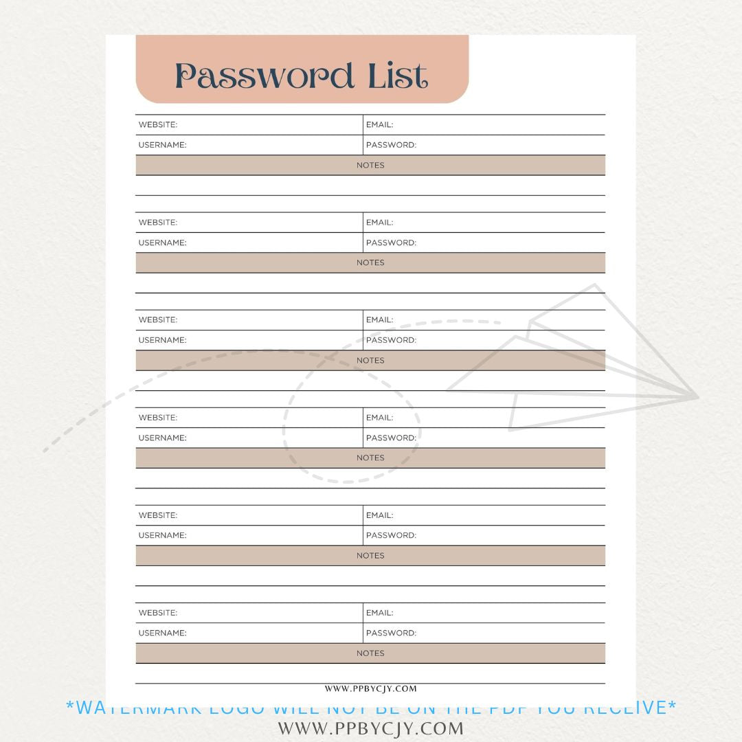 Online Password Tracker Printable PDF Template for logging website names, usernames, passwords, and security notes.

