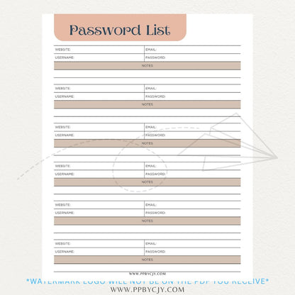 Online Password Tracker Printable PDF Template for logging website names, usernames, passwords, and security notes.

