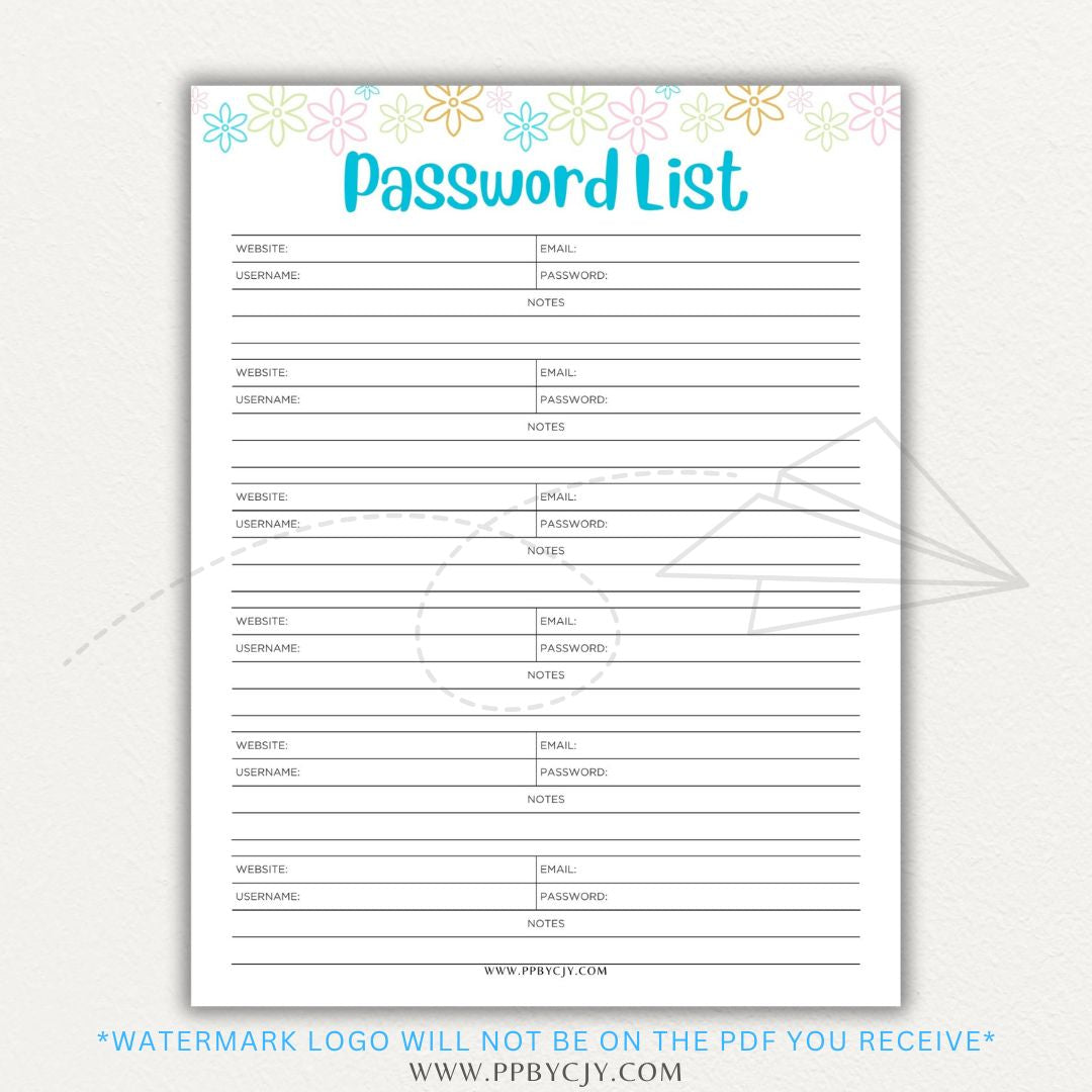 Online Password Tracker Printable PDF Template for logging website names, usernames, passwords, and security notes.

