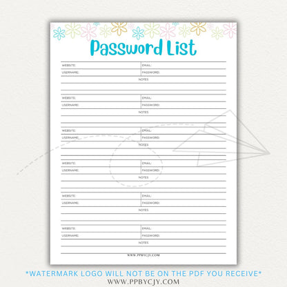 Online Password Tracker Printable PDF Template for logging website names, usernames, passwords, and security notes.

