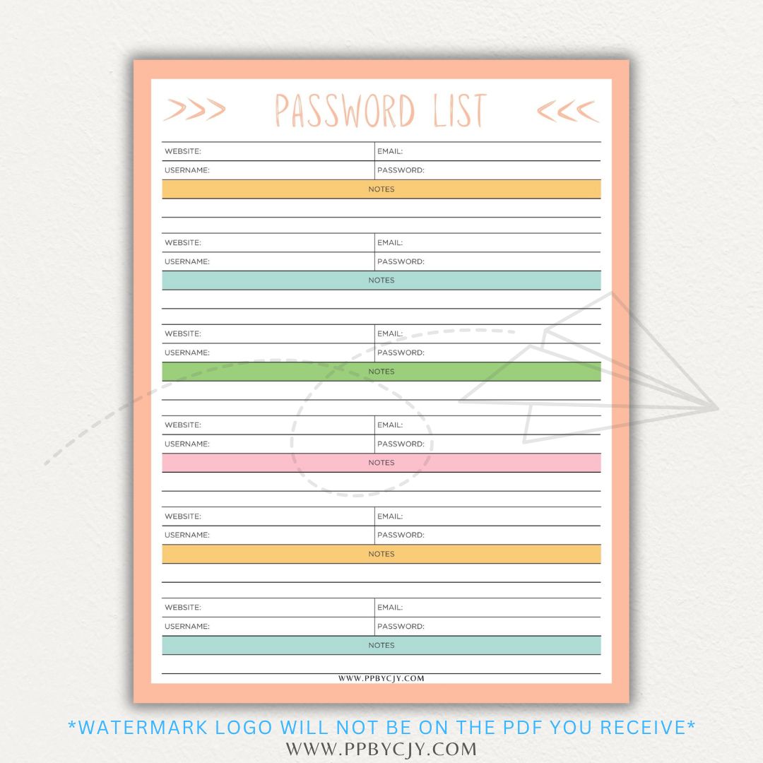 Online Password Tracker Printable PDF Template for logging website names, usernames, passwords, and security notes.

