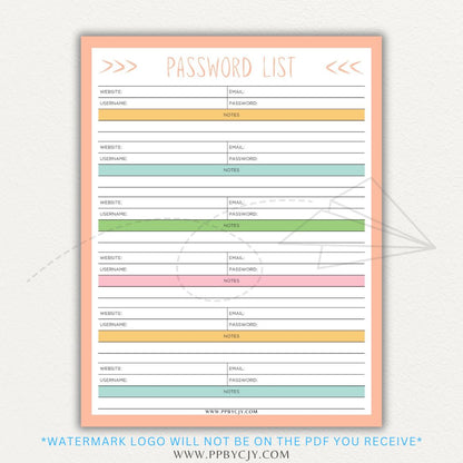 Online Password Tracker Printable PDF Template for logging website names, usernames, passwords, and security notes.

