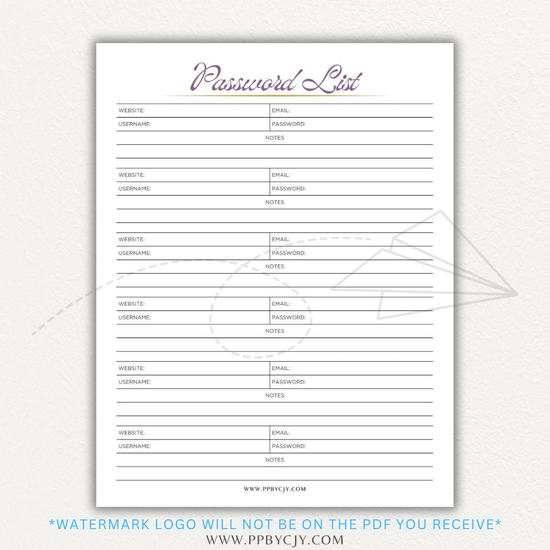Online Password Tracker Printable PDF Template for logging website names, usernames, passwords, and security notes.

