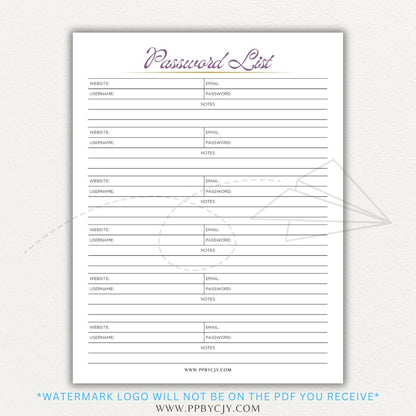 Online Password Tracker Printable PDF Template for logging website names, usernames, passwords, and security notes.

